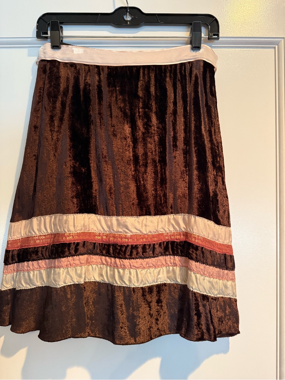 BLUMARINE - Velvet Brown A-Line Skirt with Cream and Pink Trim